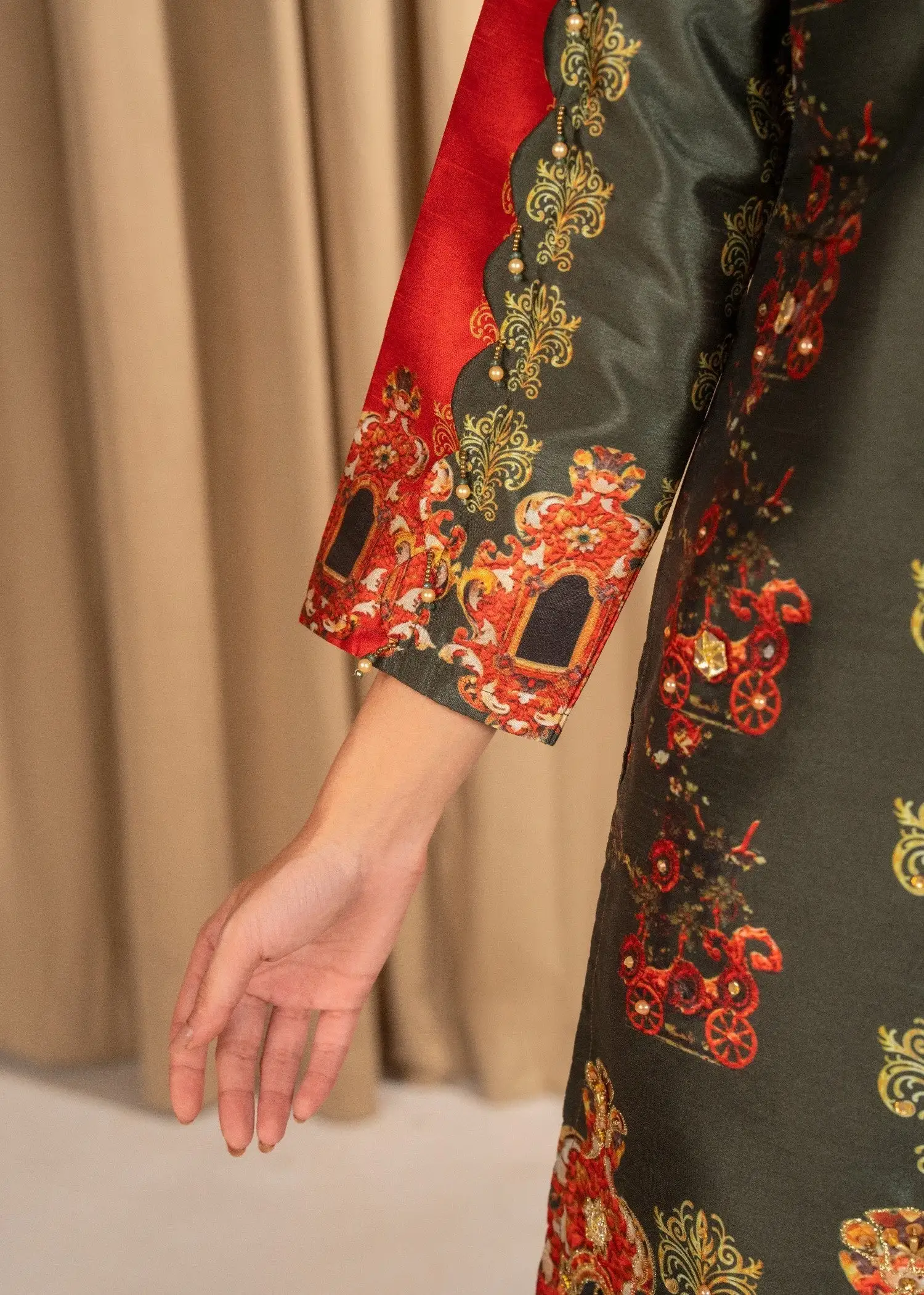 Raw Silk Digital Print & Puff Embroidered Suit with ADDA Work and Embroidered Net Dupatta (3PCS) - Image 3