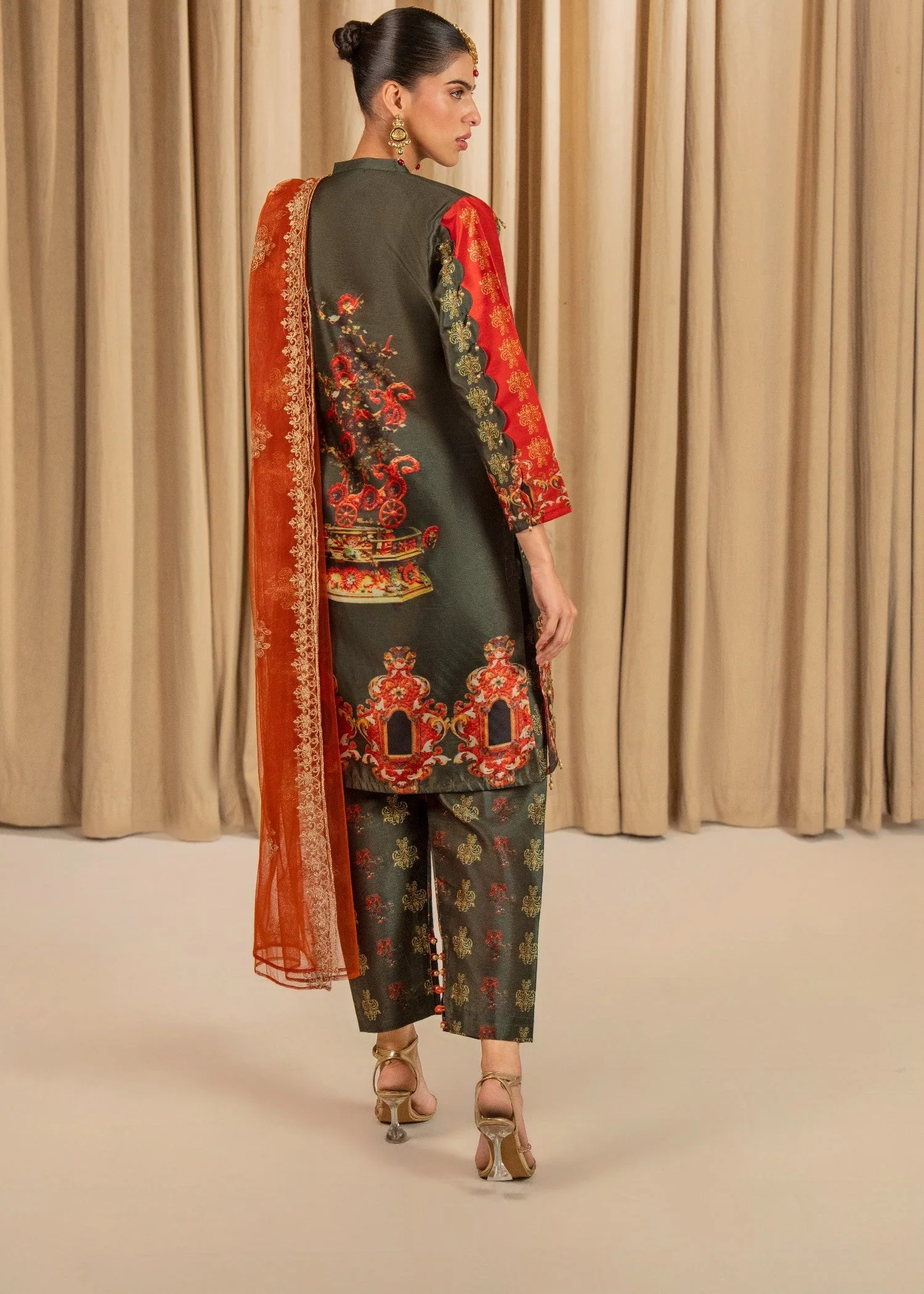 Raw Silk Digital Print & Puff Embroidered Suit with ADDA Work and Embroidered Net Dupatta (3PCS) - Image 2