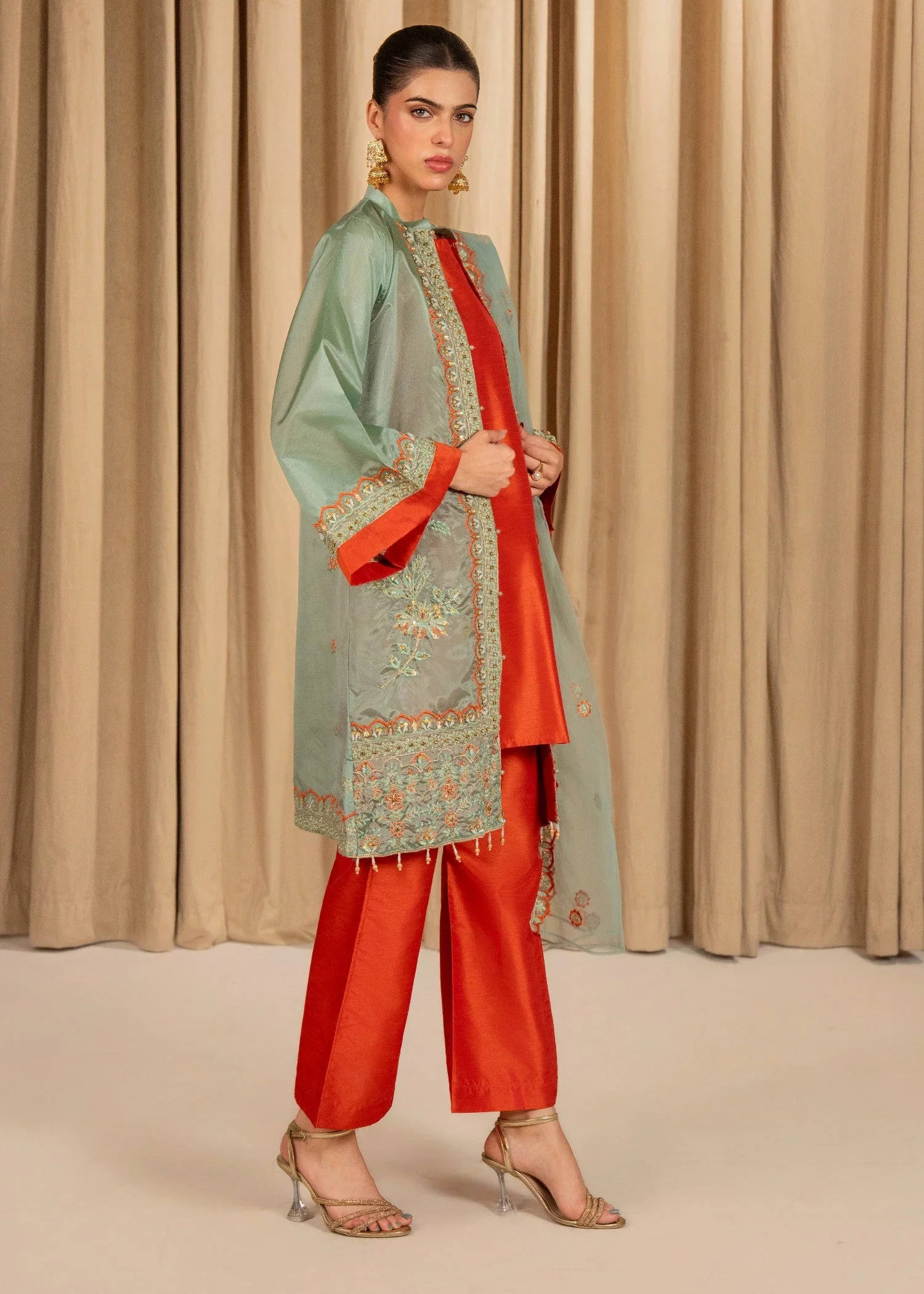 Raw Silk Embroidered Suit with Inner Embroidered Gown, Bell Bottom Trouser & Net Dupatta (4PCS) - Image 4