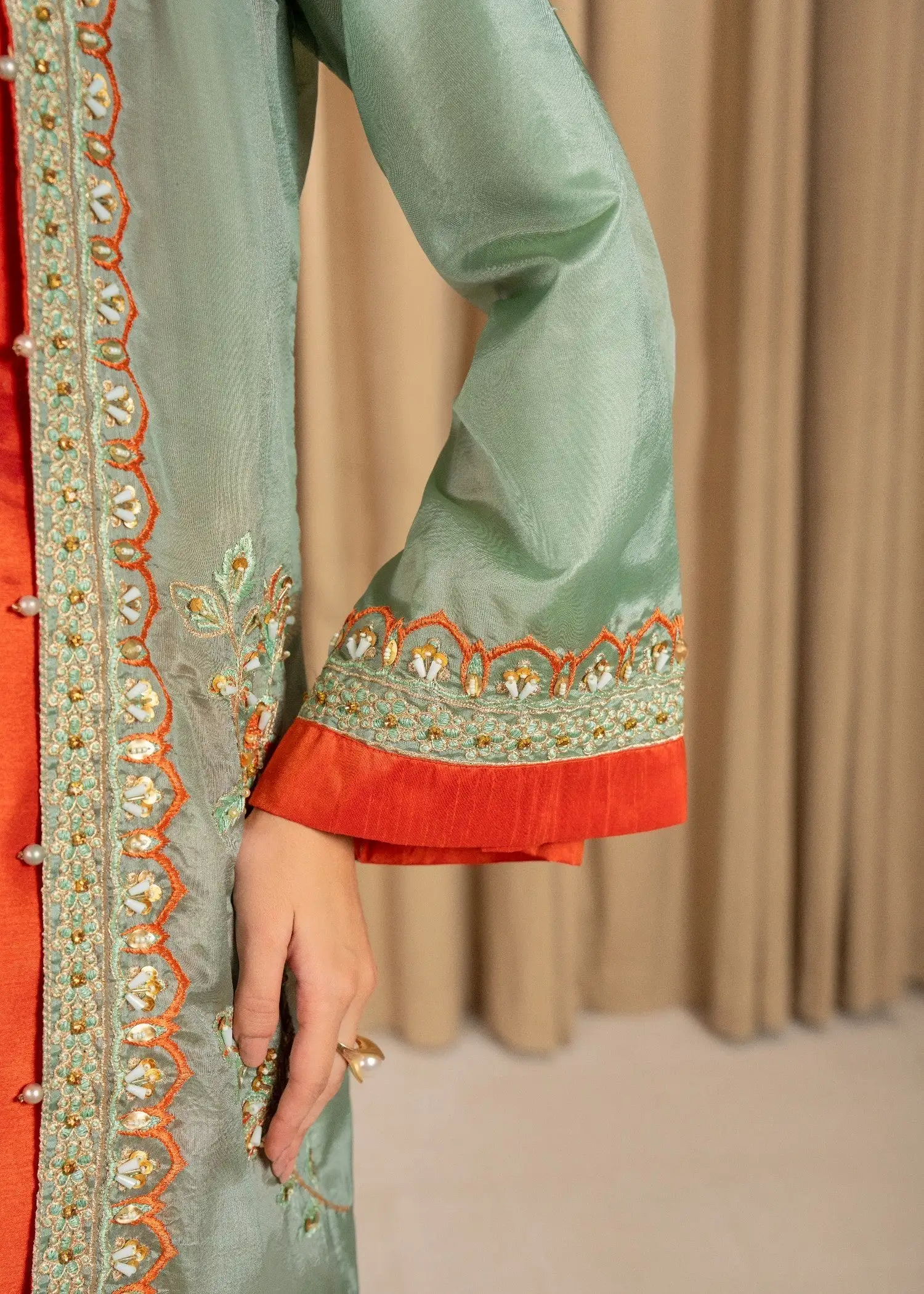Raw Silk Embroidered Suit with Inner Embroidered Gown, Bell Bottom Trouser & Net Dupatta (4PCS) - Image 3