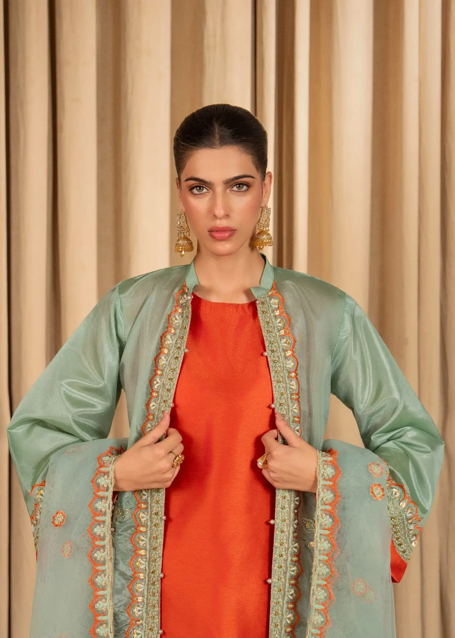 Raw Silk Embroidered Suit with Inner Embroidered Gown, Bell Bottom Trouser & Net Dupatta (4PCS) - Image 2